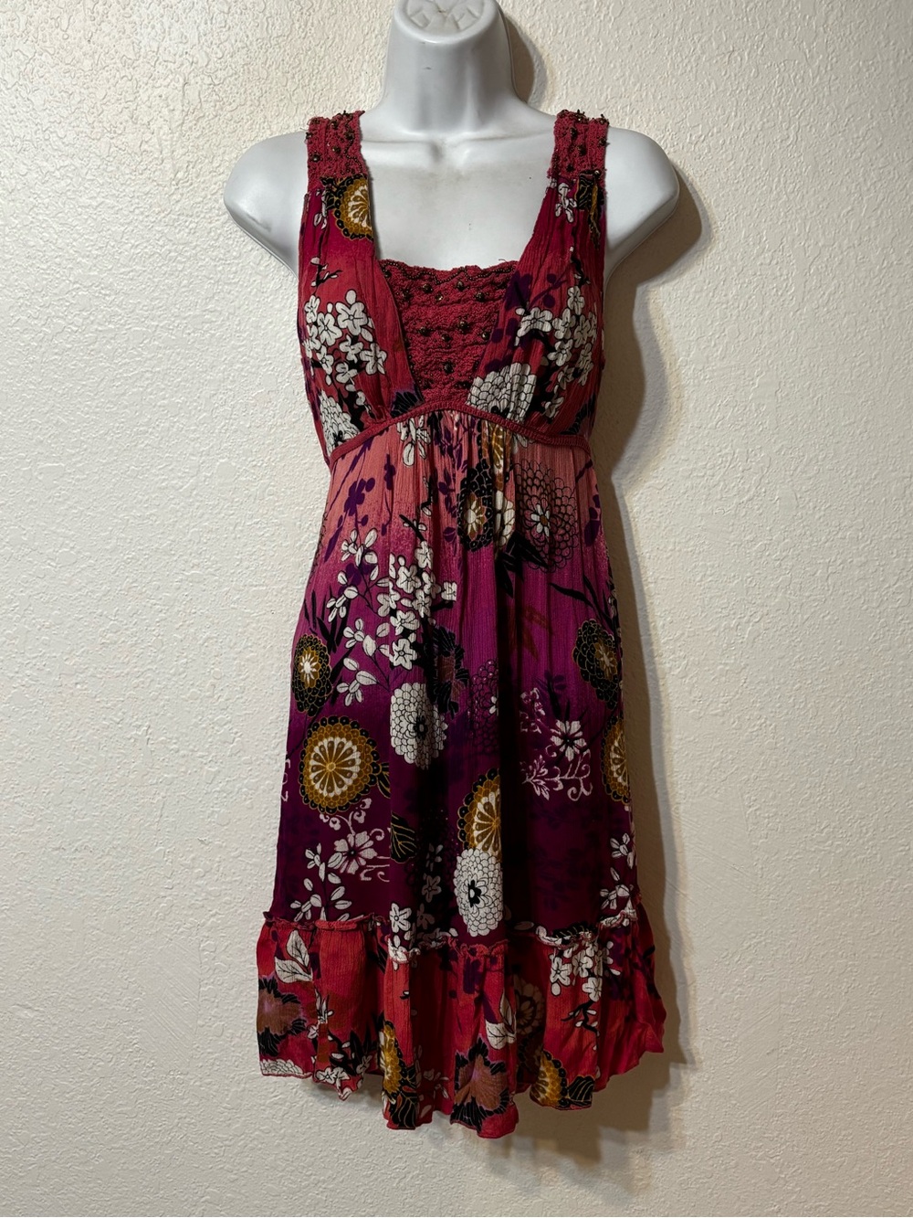 Forbidden Y2K Boho Floral Beaded Crochet Wmpire Waist Dress Medium